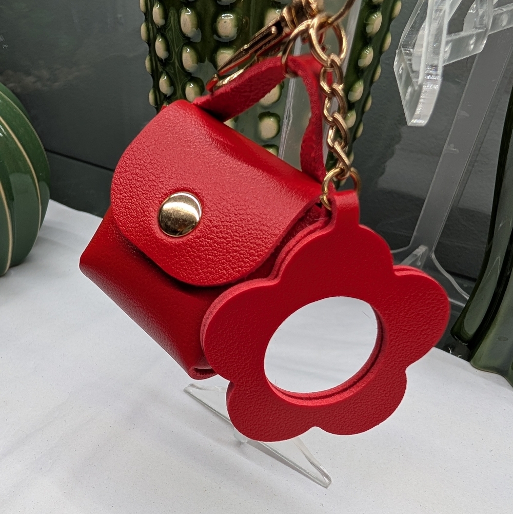 Red Leather Flower/ Mirror Accent Women's Keychain/Bagcharm